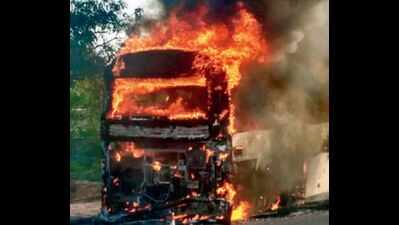 Narrow escape for 30 as RTC bus catches fire near Alair | Hyderabad ...