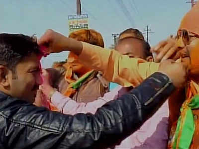 Holi comes early for BJP in UP, celebrations break out at party office in Lucknow
