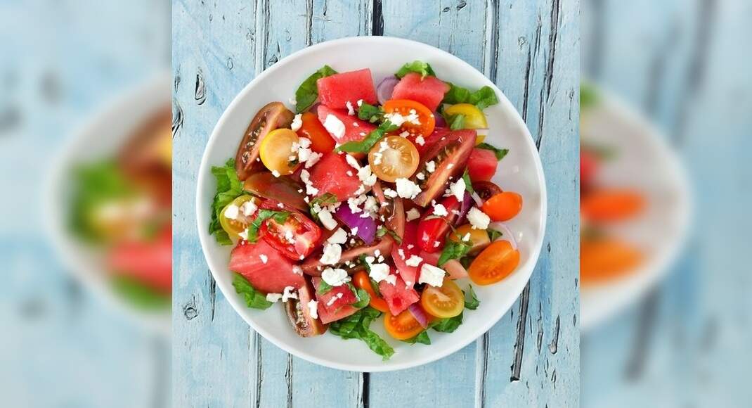 Watermelon Tomato Cheese Salad Recipe: How to Make Watermelon Tomato Cheese Salad Recipe | Homemade 