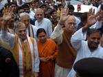 Lal Krishna Advani, Uma Bharti, Murli Manohar Joshi during a rally