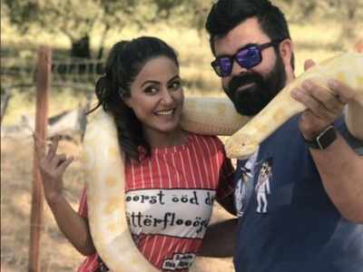 Hina Khan does some daring acts playing with a giant snake in Spain, see pic