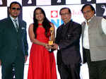 Gulshan Grover, Baldev Sharma and Rakesh Bedi presenting award to Ekta Jain