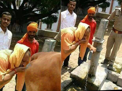 This fake photo of Yogi Adityanath drinking cow urine is evoking strong reactions on Twitter