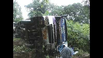 Close shave for passengers as bus overturns in Dhenkanal