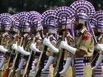 Police personnel participate in a full-dress rehearsal