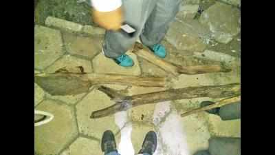 Paver blocks, wooden logs found on railway tracks