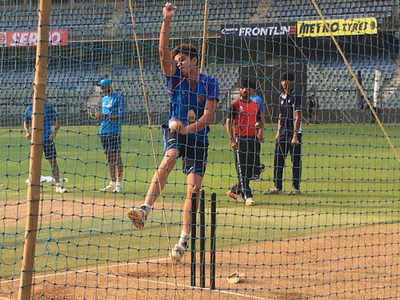 Arjun Tendulkar bowls in Team India nets at Wankhede