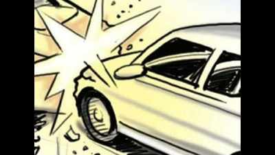 Government vehicle rams into two wheeler ; riders saved for wearing helmets