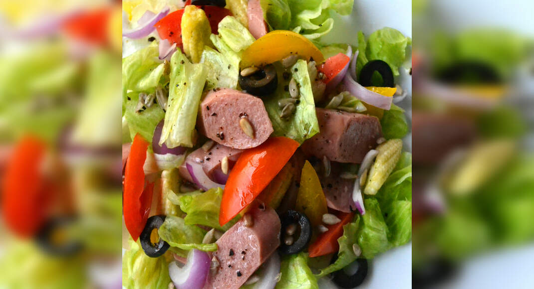 Mutton Sausage Salad Recipe: How to Make Mutton Sausage Salad Recipe | Homemade Mutton Sausage Salad