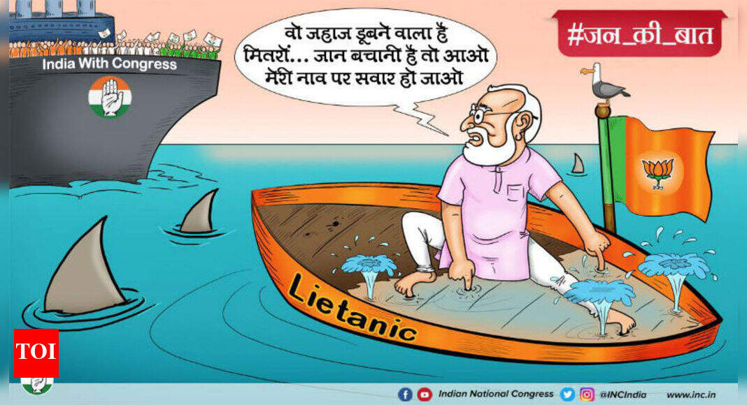Congress's cartoon equates BJP government to sinking 'Lietanic' | India News - Times of India Congress's cartoon equates BJP government to sinking 'Lietanic' | India News - Times of India