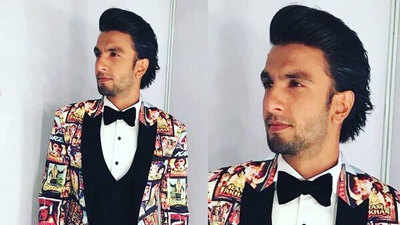 Ranveer wears a quirky suit with movie posters to 63rd Jio Filmfare Awards