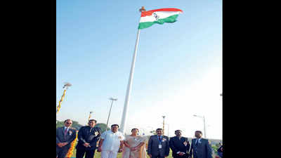 Tricolour on illuminated 100-foot flagpole at Surat airport