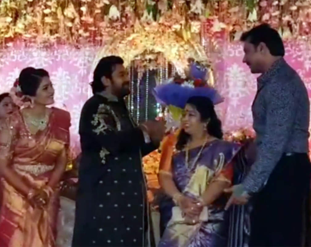
Darshan Thoogudeepa Srinivas at the wedding reception of Chiru Sarja and Meghana Raj
