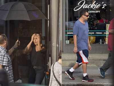Jennifer Aniston wears a shocked expression while filming ‘Murder Mystery’ in Montreal