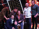 Sunny Deol, Dharmendra and Bobby Deol pose with Anu Malik, Vishal Dadlani and Maniesh Paul