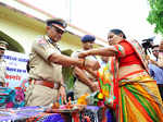 Women tie rakhis to jawans, police personnel