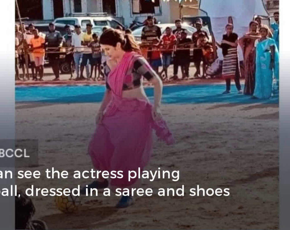 
Sagarika plays football on the sets of her new film
