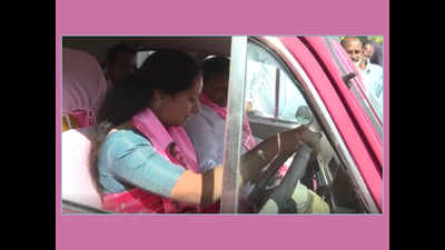 In driving seat for Nizamabad nominee: MP Kalvakuntla Kavitha's pink coloured car draws attention