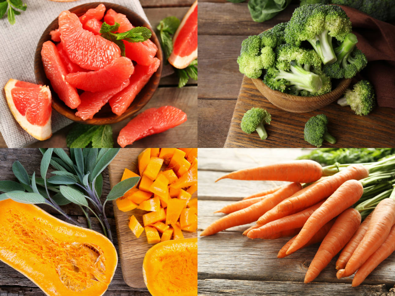 food sources of Vitamin A: Grapefruit, Broccoli, Carrots, Papaya