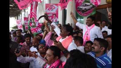 Celebrations erupt at TRS Bhavan in Hyderabad; KT Rama Rao, Harish Rao win