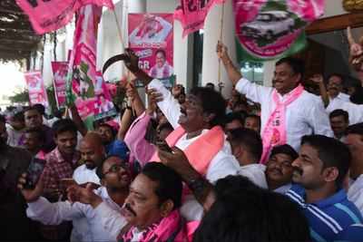 Celebrations erupt at TRS Bhavan in Hyderabad; KT Rama Rao, Harish Rao win