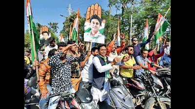 Madhya Pradesh Congress workers celebrate with chants of Ram