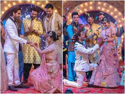 Bride-to-be Sheena Bajaj goes down on her knees to propose to Rohit Purohit at their engagement party