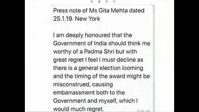 Odisha CM’s sister Gita Mehta declines Padma Shri
