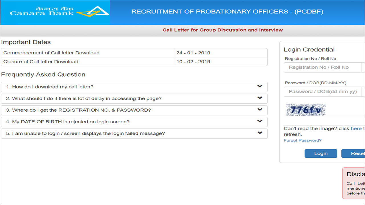 Canara Bank PO call letter/admit card 2019 for Interview &amp; GD 