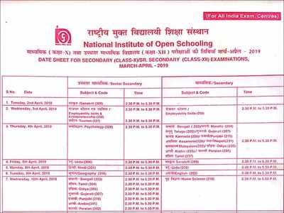 NIOS Date Sheet: NIOS Class 10th & 12th date sheet for 2019 examination ...