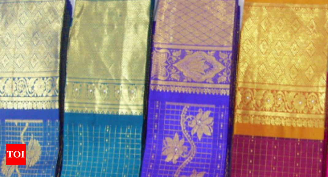 Ikkat Kanchipuram Silk Saree in Light Blue and Purple - Silk Mark Cert –  Narumugai