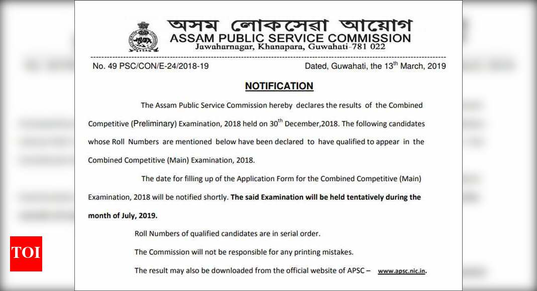 APSC releases Civil Services Prelims 2018 results apsc.nic.in; check here Times of India