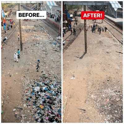 Cleanup of the side of a railway station in Mumbai