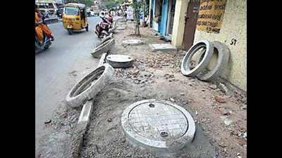 Footpath work on Konnur High Road stopped after poll day