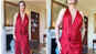 Amy Jackson flaunts her baby bump in a red outfit with plunging neckline at Bafta