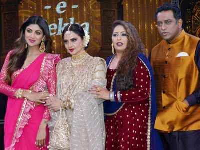 Bollywood's legendary actress Rekha to be seen in Super Dancer 3; Shilpa Shetty, Geeta Kapur, and Anurag Basu pose for pictures