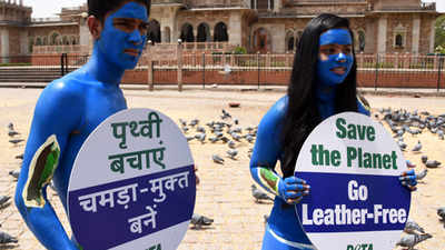 PETA members protest against the use of leather products in Jaipur