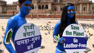 PETA members protest against the use of leather products in Jaipur