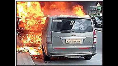 Close shave for 6 passengers as car catches fire below Agara flyover