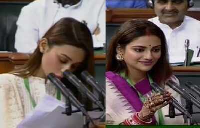 TMC MPs Nusrat Jahan, Mimi Chakraborty take oath as Lok Sabha members