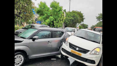 Six cars damaged in pile-up near traffic signal in south Delhi