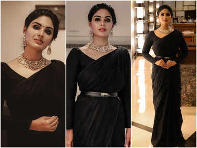 Samyuktha Menon tries power dressing; couples black saree with a belt ...