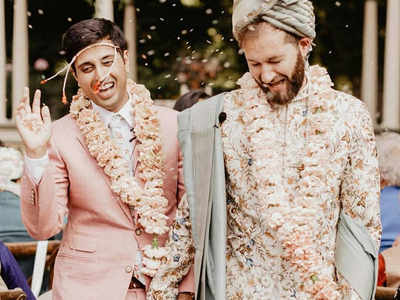 Pictures from this gay wedding are special as one groom wore a sherwani and the other donned a suit