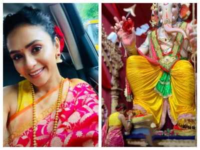 Photos: Amruta Khanvilkar goes traditional as she visits Ganesh Galli pandal
