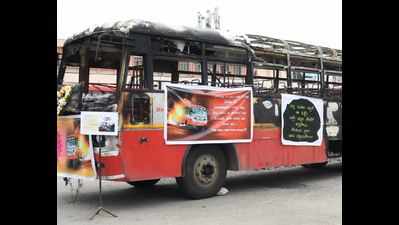 Karnataka State Road Transport Corporation displays gutted bus to create awareness