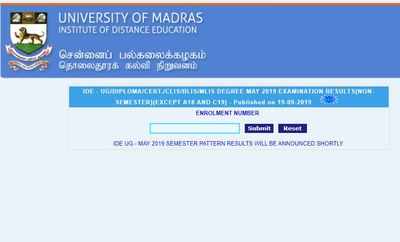 Madras University Distance Education results 2019 for May exams released at ideunom.ac.in