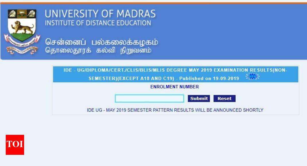 Madras University Distance Education results 2019 for May exams