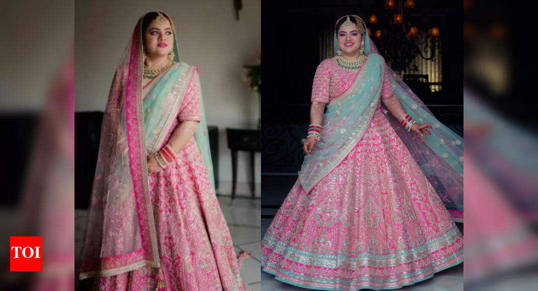 hot pink lehenga and sky-blue dupatta 