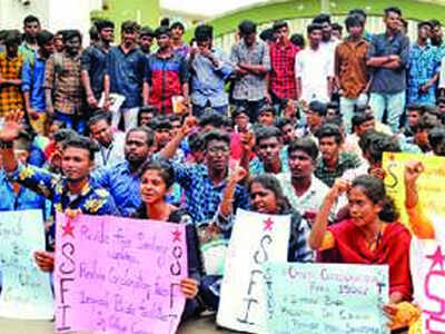 A group of students staged a sit-in protest in front of the college on Tuesday demanding basic amenities.