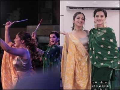 In Pics: Navratri fever grips Taapsee Pannu and Bhumi Pedneker as show off their dandiya moves while promoting 'Saand Ki Aankh'